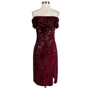 Adrianna Papell Women's Cocktail Dress Size 6 Red Sequined Velvet Sheath